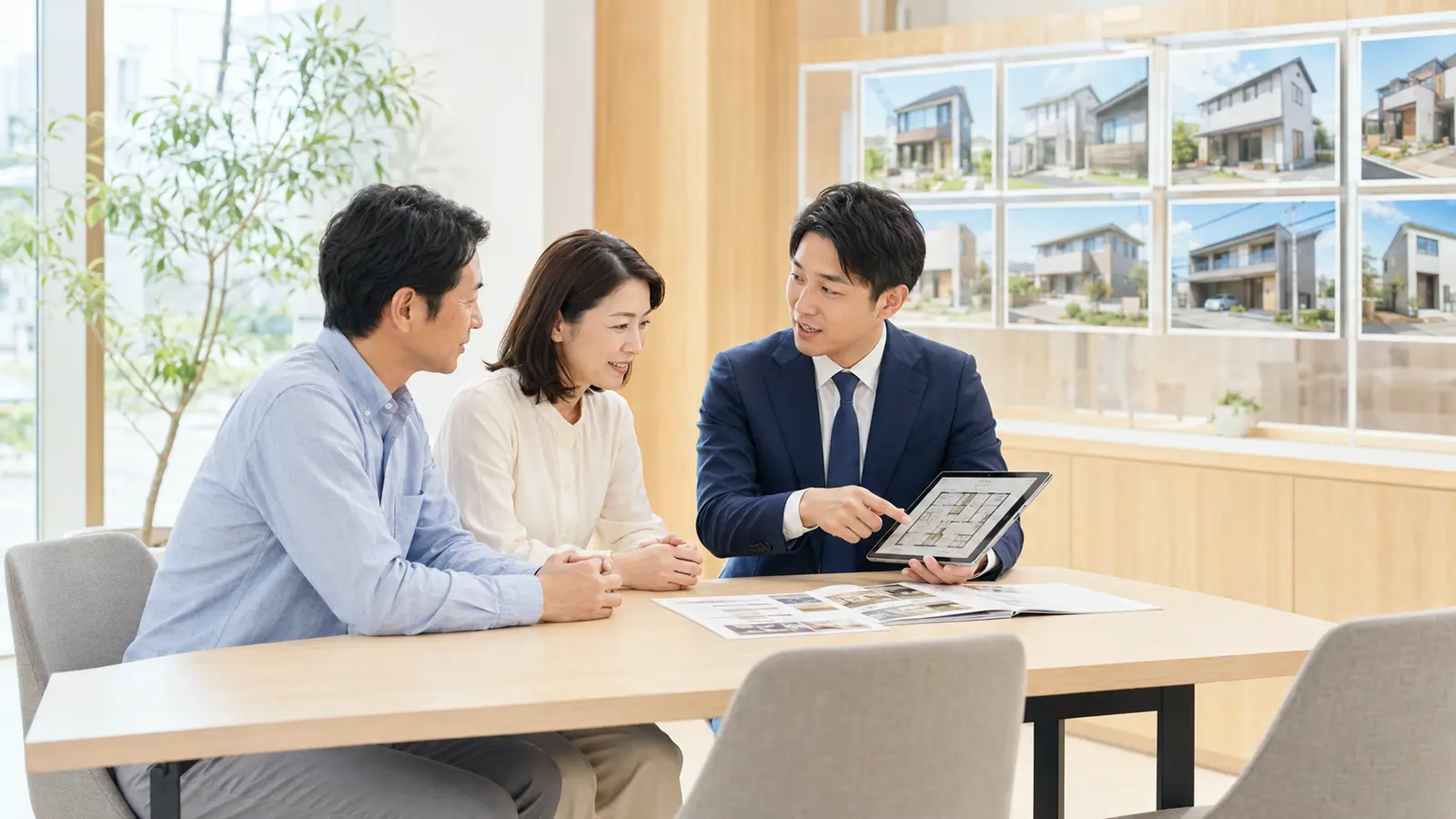 日本の不動産仲介店舗で営業担当者と相談する40代のご夫婦